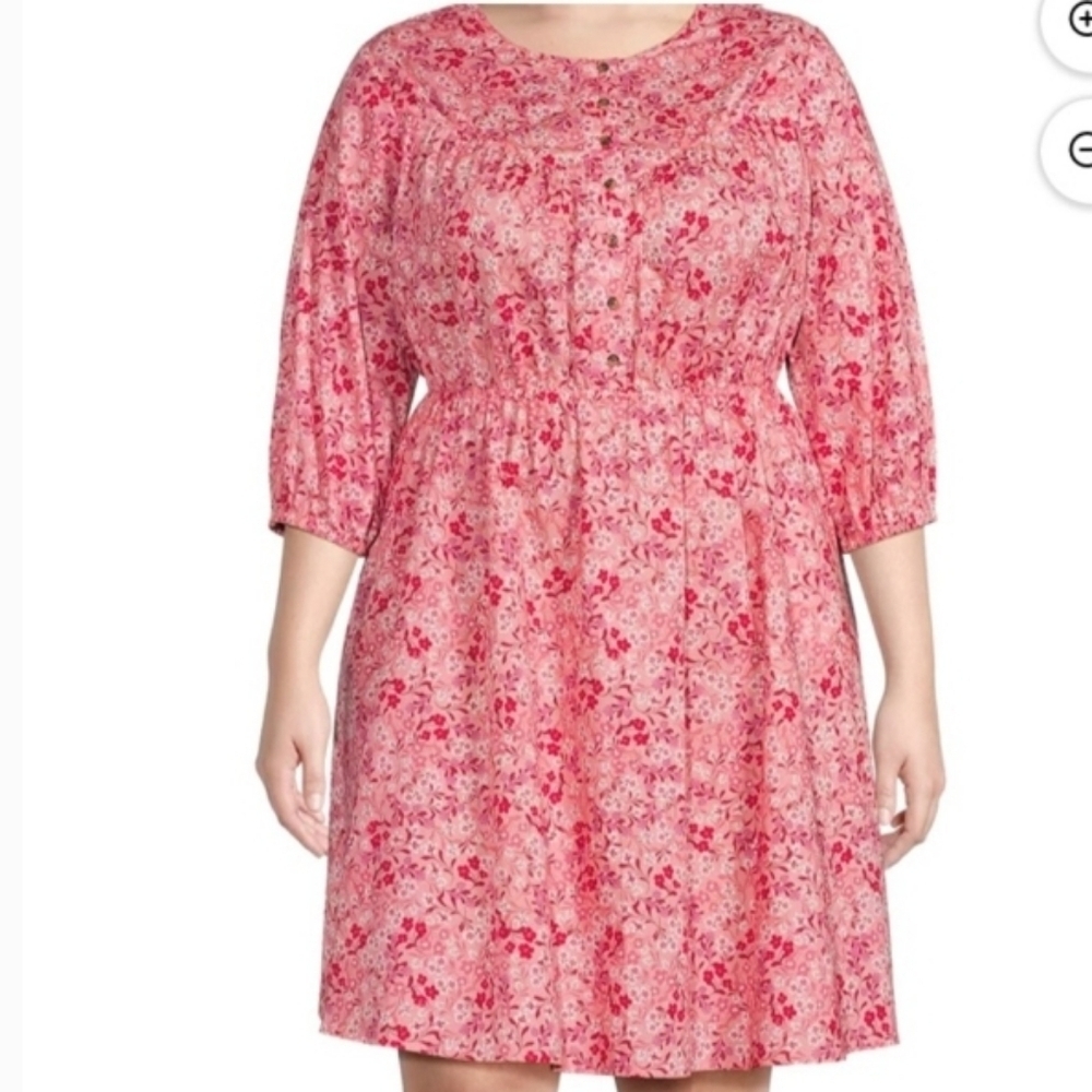 Terra & Sky Pink Floral Print 100% Cotton 3/4 Sleeves Women's Dress Plus Size 1X